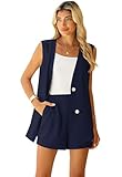 QUEZHU 2 Piece Sets for Women Summer Sleeveless Linen Blazer and Suit Shorts Sets Fashion Vacation Matching Set,Navy Blue,X-Large