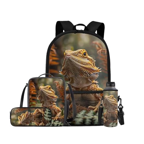 ELEDIZI Dragon Lizard Backpack for Kids Boys Backpack with Lunch Box Water Bottle Pouch and Big Pencil Case 4PCS Set Bookbag with Front Pocket 17 inch Sturdy School Bag Kids Back to School Essentials