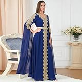 AFAVOM Moroccan Kaftan Dresses for Women Abaya Golden Lace Dress Handmade Embroidered Islamic Ramadan Eid Dress Traditional Arabic Dubai Muslim Prayer Robe Wedding Party Gown Royal Blue M