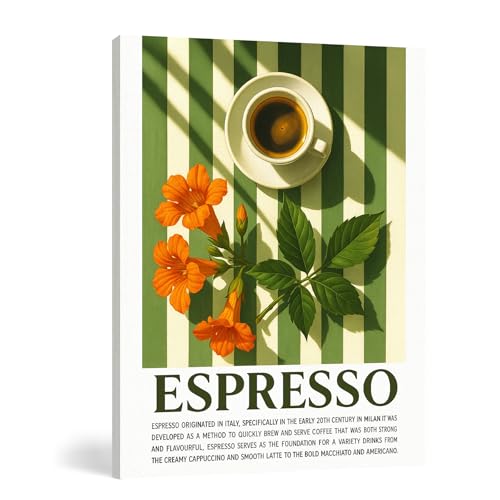 FISWAFY Italy Espresso Coffee Framed Canvas Wall Art, Trendy Modern Green Striped Italian Espresso Posters Prints Wall Decor for Home Kitchen Coffee Bar Station Shop, 11x14 Inch