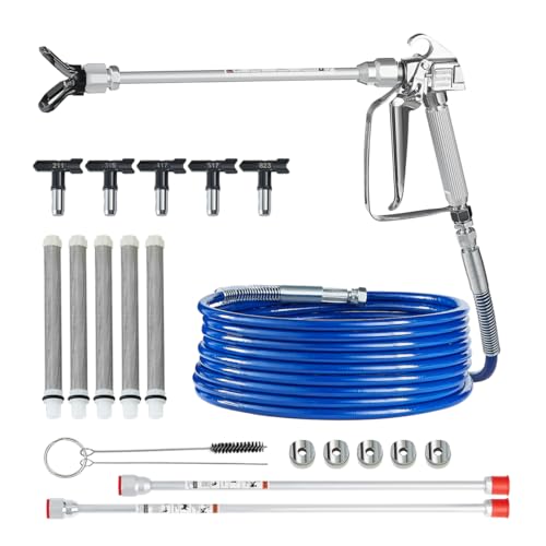 VEVOR Airless Paint Spray Gun and Hose Kit, 3600PSI High Pressure Paint Sprayer Hose Set with 5 Tips, 211, 315, 417, 517, 623, Swivel Joint Airless Spray Gun Kit with Filters, Hose and Extension Rods