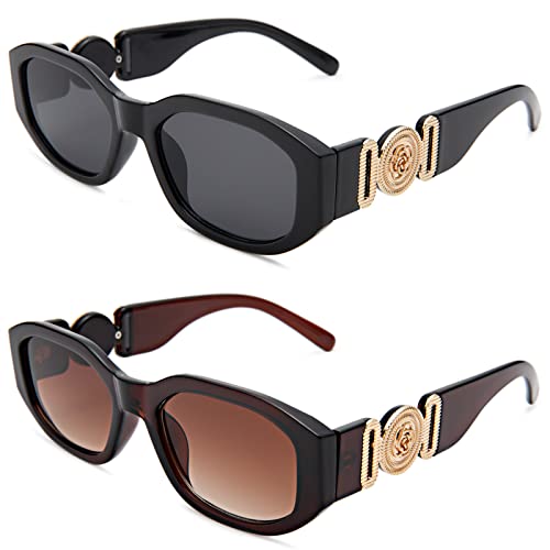 Hycredi Rectangle Sunglasses for Women Men Retro Driving Glasses 90’s Vintage Fashion Irregular Frame UV400 Protection (Black/Grey+Brown/Browns)