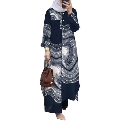 Plus Size Abayas Dress For Women Muslim Long Sleeve Loose Top Pants 2 Pcs Dubai Islamic Muslim Women Matching Sets Prime Muslim Dress On Prime Muslim Dress For Women Prayer Clothes Blue Print XL