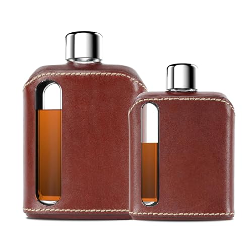 Ragproper Modern Glass Hip Flask - Durable Leather Covered Flask for Whiskey, Spirits, & Other Liquor - Ideal Glass Flask for Men & Women (Single Shot 100ml + Double Shot 240ml, Leather Dark Brown)