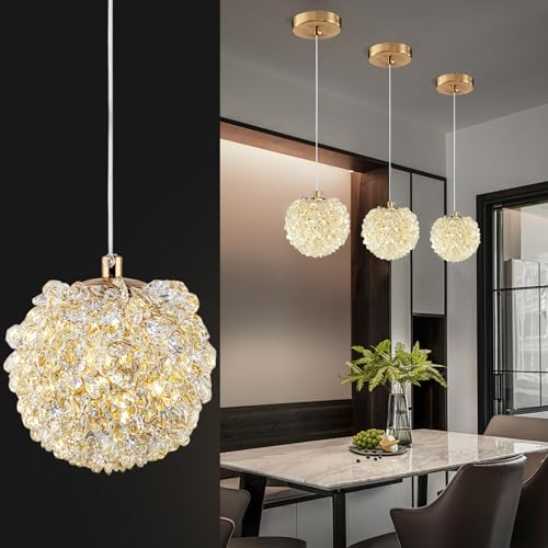 3-Light Gold Crystal Pendant Lights Modern Gold Ceiling Hanging Pendant Lamp Mini Crystal Chandelier for Kitchen Island Dinning Room Living Room Hallyway Porch Bedroom Lamp