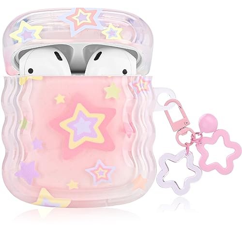 Cute Airpod Case Kawaii Star Pattern Design,with Small Bell Star Keychain Soft Protective Cover Compatiable with Airpods 2nd & 1st Generation Case
