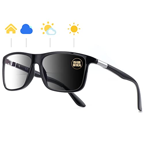 Missfive Photochromic Bifocal Reading Glasses Men Blue Light Protection, Designer Transition Retro Computer Readers Far and Near Dual-Use Lens Stylish Vintage Eyeglasses Glossy Black Eyewear, 2.5x
