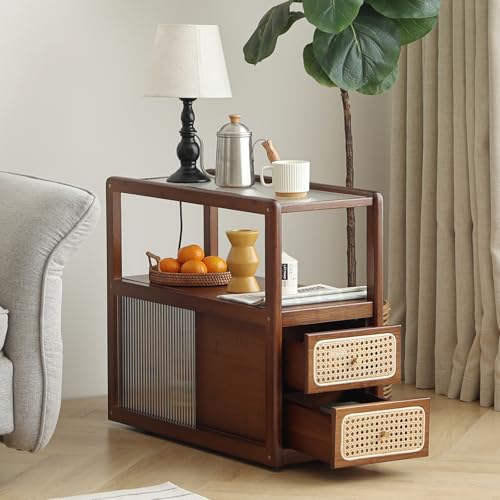 Furlide Rattan Nightstand Side Table with Storage, Bamboo Nightstand Bedside Table, Glass Mid Century Modern End Tables for Small Spaces, Living Room, Bedroom，Walnut