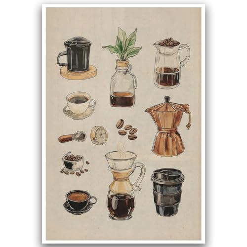 XASUBH Kitchen Wall Art Trendy Bar Pictures Coffee Shop Poster Retro Coffee Chart Art Print Vintage Espresso Makers & Minimalist Shop Wall Decor for Baristas & Home Cafes 16x24Inch Unframed