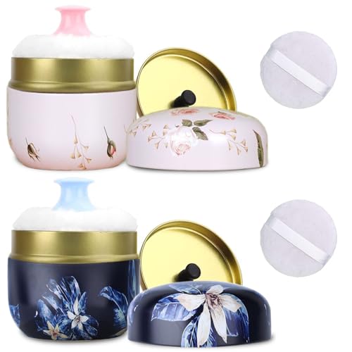 SHIMIDO Body Powder Puff and Container, 3.15" Portable Empty Body Powder Container for Baby Women's Loose Dusting Powder, Powder Case Box with Lids for Bath, Travel and Home Use (Old time&Dark Night)