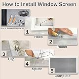 Screen Repair kit, Screen Roller Tool, Steel/Nylon Roller with Bear+8pcs Screen Clips+32ft Screen Spline+Removal Hook, 5 in 1 Window Screen Door Repair Kit,for Installing Door Window Mesh