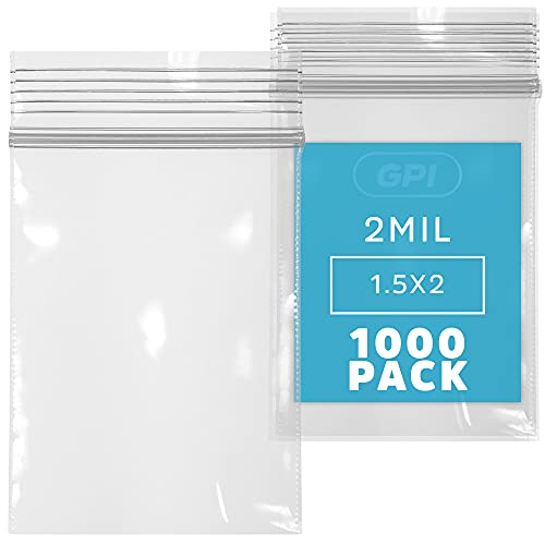 Clear Plastic Reusable Zip Bags - Bulk GPI Case of 1000 1.5" x 2" 2 Mil Thick Strong & Durable Poly Baggies with Resealable Zip Top Lock for Travel, Storage, Packaging & Shipping.