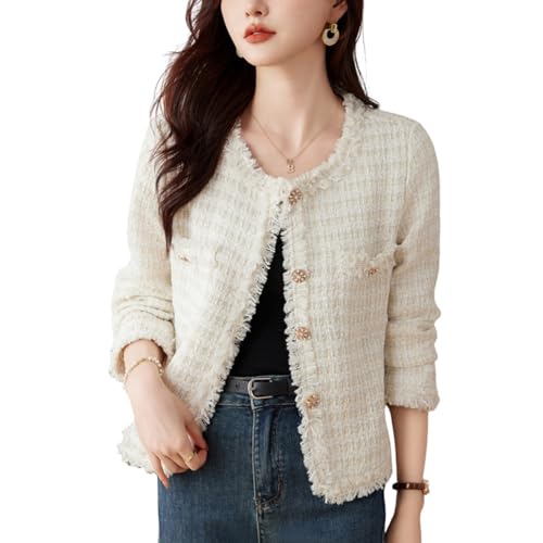 Anzber Vintage Women Woolen Tweed Coat O-Neck Slim Short Jackets Korean Wool Blends Outwear Tops,WHITE,M