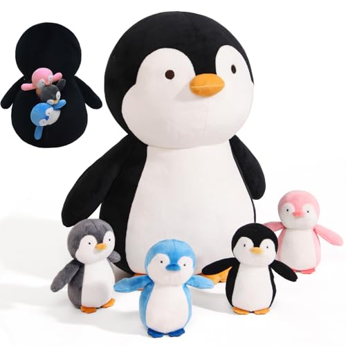 5 Pieces Penguin Stuffer Animals Set, Giant 16 Inch Mommy Penguin Plush Toy with 4 Cute Babies Plushies in Her Zippered Tummy, Soft Cuddle Plushy Gifts for Kids Girls Boys, Birthday
