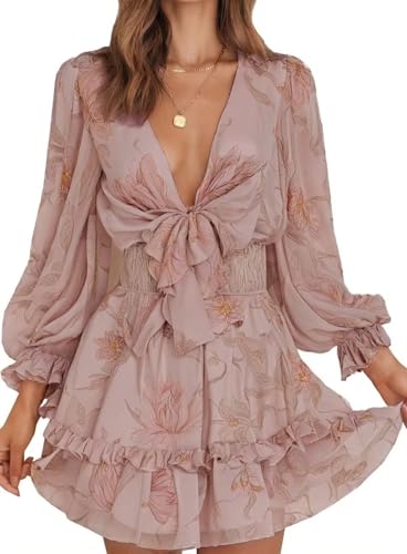 Dokotoo Womens Casual Spring Summer Sexy V Neck Ruffle Elegant Long Sleeve Empire Waist Cute Chiffon Boho Swing A Line Mini Short Skater Dresses for Women 2025 Floral Dress for Women Pink S