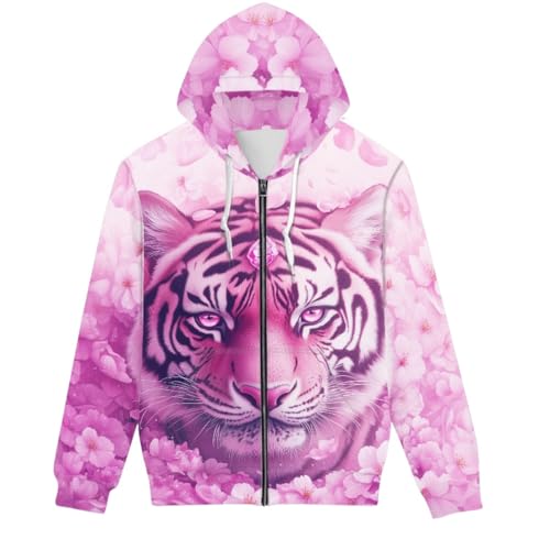 GLUDEAR Unisex Realistic 3D Digital Print Novelty Graphic Full Zip Hoodie Jackets Hooded Sweatshirt,Pink Cherry Blossom Tiger,XS