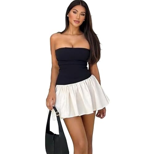 Women Fairycore Mini Dress Coquette Summer Dresses Strapless Aesthetics Sundress A Line Off Shoulder Short Dress (Black,S)