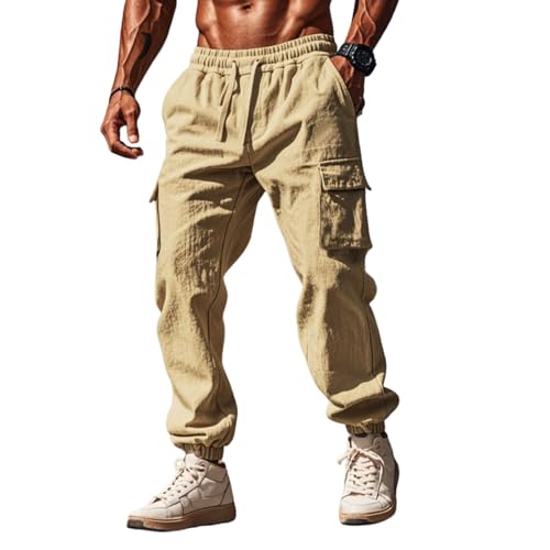 Xernbit Mens Casual Linen Cargo Joggers Pants Summer Fashion Classic Solid Color Lightweight Loose Drawstring Waisted Trousers Pockets Gym Athletic Lounge Travel Pants Khaki 3XL