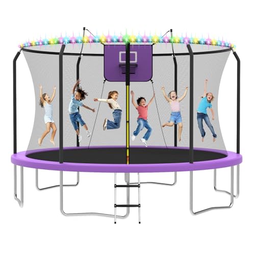 8FT 10FT 12FT 14FT Outdoor Trampoline with Basketball Hoop and LED Lights, ASTM Approved Recreational Trampolines for Kids and Adults with Net and Ladder