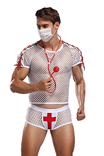 URVIP Mens Sexy Lingerie Set Role Play Nurse Doctor Fun Uniform Night Club Costume Outfit One Size White-01
