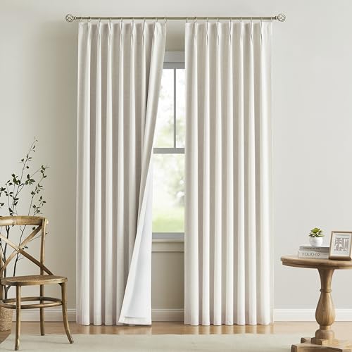 Vision Home Natural Full Blackout Curtains Linen Blended Darkening Window Curtains 84 inch for Living Room Bedroom Thermal Insulated Pinch Pleat Drapes with Hooks 2 Panel 40"Wx84"L