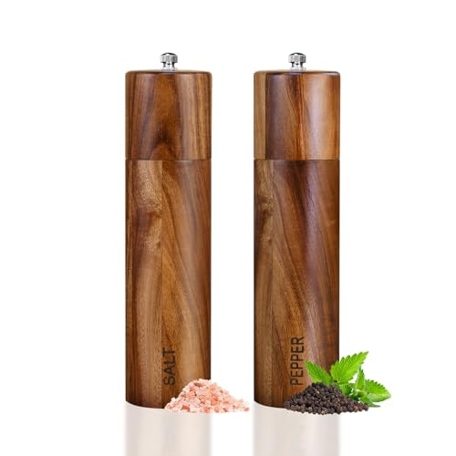 2 Pack Acacia Wooden Salt and Pepper Grinder Set 8 Inches Refillable Salt and Pepper Mills Adjustable Coarseness, Acacia Wood with Ceramic Core Peppercorn Shaker Tableware Birthday Gifts