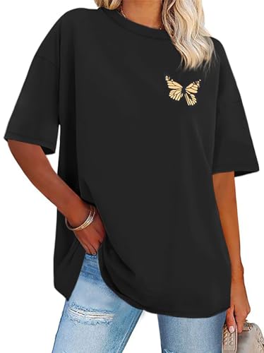 Womens Oversized Tshirt Graphic Tees Crew Neck Summer Short Sleeve Loose Fit Tops (A-Butterfly Print Black, 3XL)