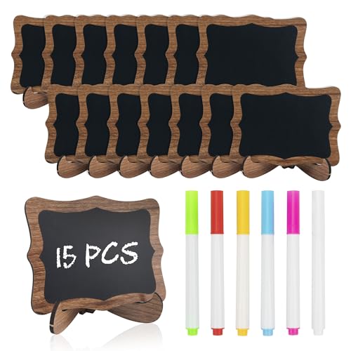 Temlum 15 Pcs Mini Chalkboard Sign with 6 Color Chalk Markers, 2.9″ x 3.9″ Wooden Blackboard Reusable Small Chalkboards for Food, Buffet, Parties, Message Boards, Table Numbers (Wavy Shaped)