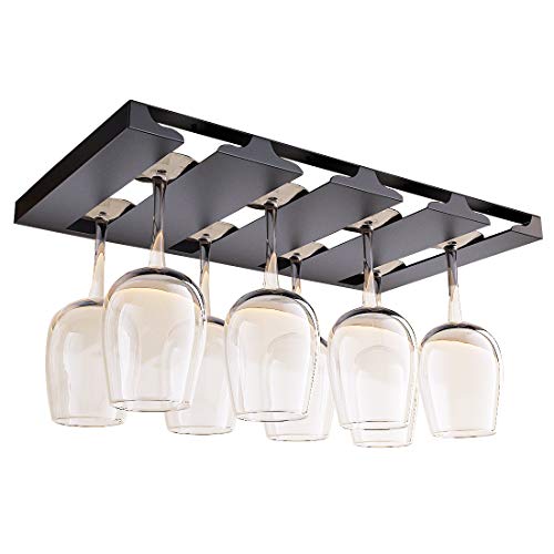SIMVE Wine Glass Holder Under Shelf or Cabinet, Stainless Steel 16.5 Inch Stemware Rack, Glassware Drying Hanger, Metal Hanging Organizer for Bar Restaurant, Matte Black, 4 Row