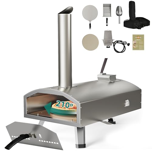 YTIAHOME Multi-Fuel Outdoor Pizza Oven with Rotating, 12" Wood and Gas Fired Pizza Oven with Built-in Thermometer, Dual Fuel Pizza Maker with Peel, Stone, Carry Cover, Recipes for Backyard Camp