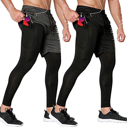 Odoland 2 Pack Mens Athletic Compression Running Pants, 2 in 1 Quick Dry Athletic Workout Sweatpants Shorts Gym Leggings with Pocket, Black/Grey, M