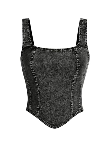 WDIRARA Women's Denim Corset Tank Top Asymmetrical Hem Crop Tops Sleeveless Zip Up Back Tanks Black Medium