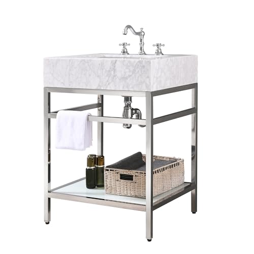 Gesipor Bathroom Carrara Marble Vanity with Sink 24" x 21" Freestanding Console Sink with Tempered Glass Shelf Utility Sink for Washing Room Laundry Room (Silver Legs)