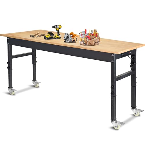 60" Adjustable Work Bench, Rubber Wood Top Workbench Heavy-Duty Work Table with Power Outlet with Wheels, 2000 LBS Load Capacity Hardwood Work Benches for Garage, Workshop, Home, Office, Easy Assembly