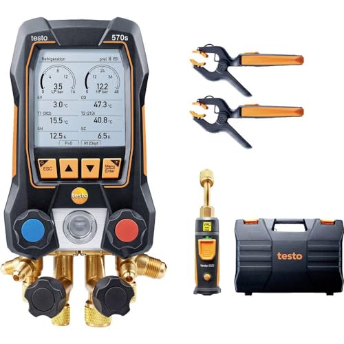 testo 570s AC Manifold Gauge Set – AC Gauge Set with 2X 115i Pipe-Clamp Thermometer, 1 x 552i Vacuum Probe – with 4-Way Valve, USB-C - Bluetooth and App-Connection