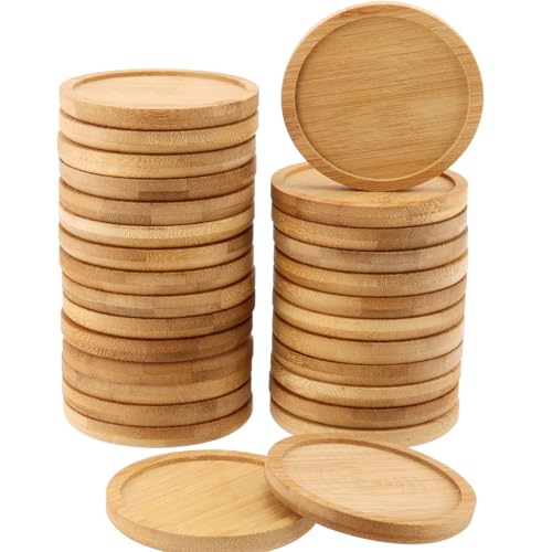 HOIGON 30 Pack Round Bamboo Coasters, 4 Inch Natural Wooden Coasters, Round Bamboo Tray Saucer Set for Drinks, Crafts, Succulents