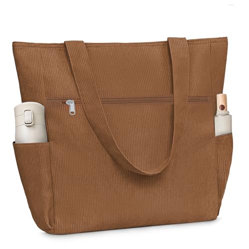 Buringer Corduroy Tote Bag for Women Large Shoulder Bag with Zipper and Pockets for Travel Gym Vacation (Brown)