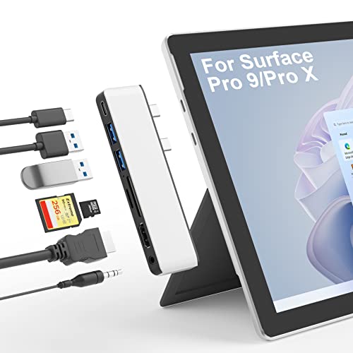 Surface Pro 11/10/9 Hub with 4k HDMI, USB C Thunerdbolt 4(Display+PD Charging+Data), USB 3.0 * 2, SD&TF Card Slot, 3.5mm Audio, Triple Display(Surface Pro 9+HDMI+USB C) for Surface Pro 11/10/9