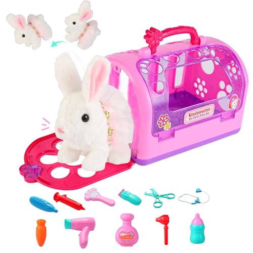 Easter Realistic Bunny Toys - 14-Piece Rabbit Toys with 6" Plush Bunny, Sounds, Hopping and Walking Action, Wiggling Ears, Twitching Nose & Rabbit Cage - Ideal Gift for Girls, Toddlers, Easter