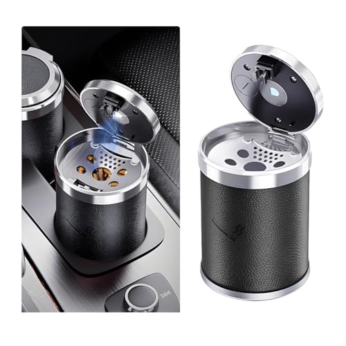 Wevdn Car Ashtray with Lid, Detachable & Portable Stainless Steel Smokeless Ashtray for Car, Mini Universal Smell Proof Windproof Car Ashtray with LED Blue Light, Car Accessories (Black)