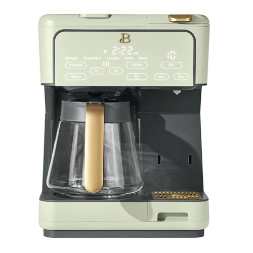 Beautiful Multi-Brew Coffee Maker by Drew – brew a 12-cup carafe or single-serve in under 70s, programmable timer, over-ice option, 3 strength settings, touch display & 40 oz tank (Sage Green)