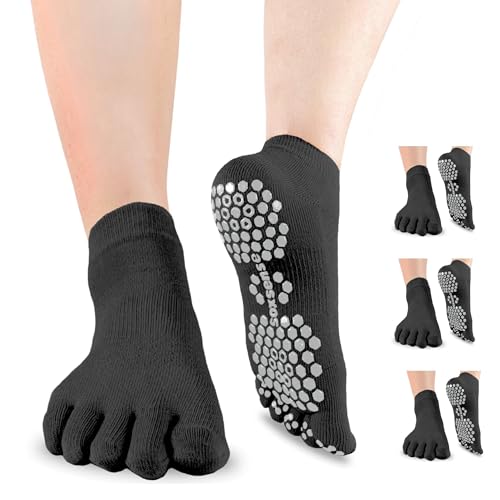 Soxsense Multi-Pack Sports Grip Toe Socks with Cushion, Non-Slip Finger Socks for Pilates, Home Gym, Soccer, basketball (US, Alpha, Medium, Regular, Regular, Black_Ankle_3Pairs)
