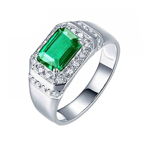 Homxi Engagement Ring Men PT950 Platinum,Rectangle with 1.42ct Emerald 0.35ct Diamond Mens Wedding Rings Silver Green