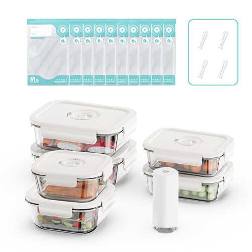 Domsanistor Vacuum Seal Glass Food Storage Containers with Sous Vide Bags, Meal Prep Container with Airtight Locking Lids for Lunch, BPA Free, Leak Proof, Long-Lasting Freshness-Rectangle/Square set