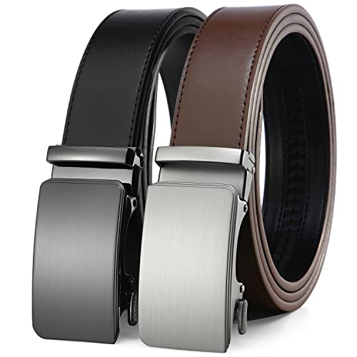 2 Pack Ratchet Belt 1 3/8", Leather Dress Belt with Click Sliding Buckle in Gift Set Box, Mens Adjustable Belt Trim to Fit (02 Black/Brown Genuine Leather Belt, 28"-38" Waist Adjustable)