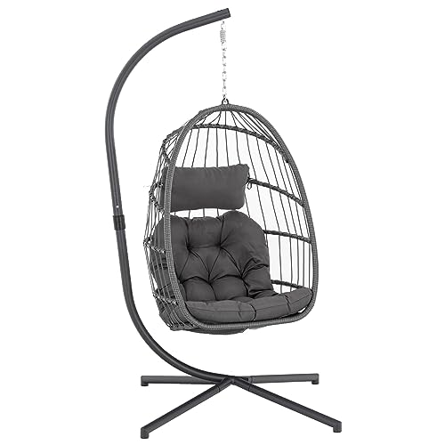 Yechen Indoor Outdoor Egg Hanging Chair with Stand, Patio Wicker Swing Egg Chair Indoor Swinging Chair Outdoor Hammock Egg Chair 350lbs Capacity for Patio Bedroom Balcony, Charcoal Grey (EG-001)