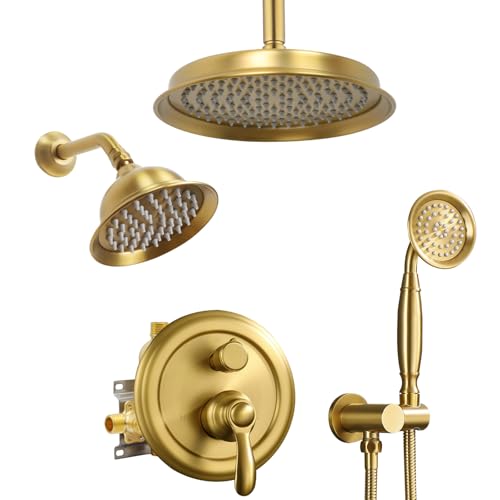 Homekicen Brushed-Gold Antique Shower-Faucet Sets System: 9" Ceiling Mounted Rain Head & 6" Wall Mount Vintage Rainfall and Handheld Spray Combo, 3 Way Diverter Brass Rough in Valve with Trim Kit