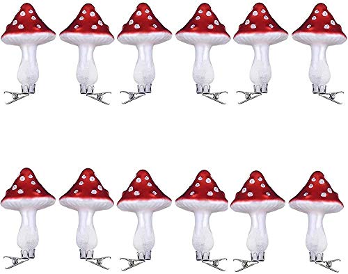 Mushroom Ornaments Glass Painted Ornaments with Alligator Clip Personalized Christmas Baubles Blown Pendants for Xmas Tree Decor and More (Pack of 12)