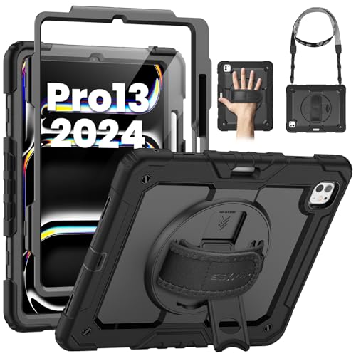 SEYMAC for iPad Pro 13 Inch Case 2024 M4 (7th Generation), Heavy Duty Shockproof Protective Case with Screen Protector, 360° Rotating Stand, Hand/Shoulder Strap and Pen Holder, Black