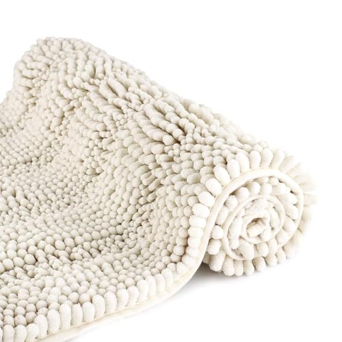 TENGTENGLINK Bath Mats for Bathroom,Thick Soft Chenille Floor Mats, Non Slip Shower Mats Ultra Water Absorbent Doormat.(Ivory White, 16"x47")